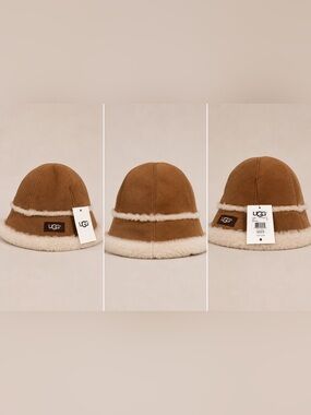 UGG Chestnut Suede Bucket Hat with Cream Shearling Trim